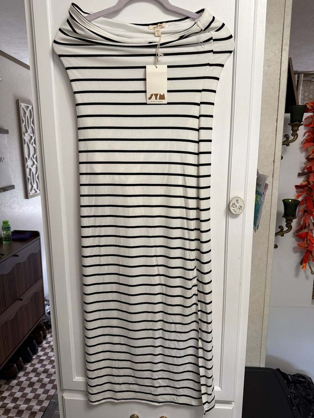 SYM By See You Monday Black and White Striped Ribbed Knit Maxi Dress Size L